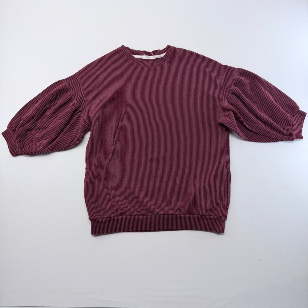Cherish Burgundy Ribbed Balloon Sleeve Pullover Top with Pockets Small